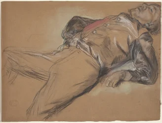倒れた騎手（スティープルチェイスのシーンの研究：倒れた騎手）、c.1866（茶色の織り紙に黒いチョークとパステル）